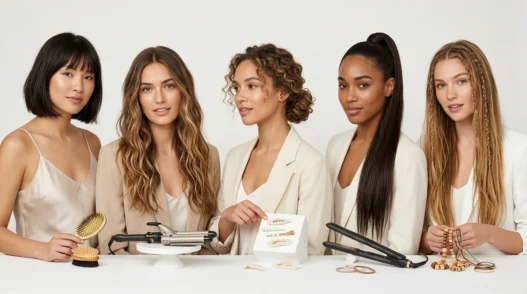 Hair inspiration mood board with styling tools and accessories against white backdrop