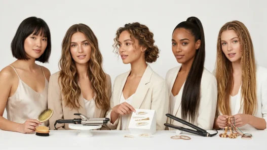 Hair inspiration mood board with styling tools and accessories against white backdrop