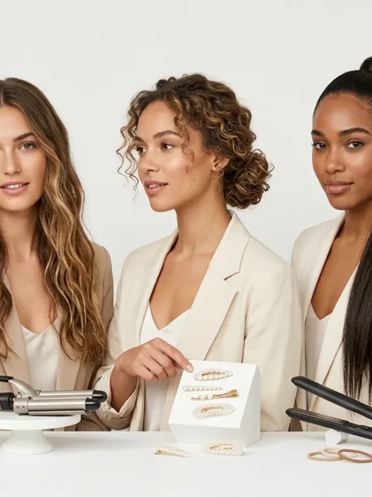 Hair inspiration mood board with styling tools and accessories against white backdrop