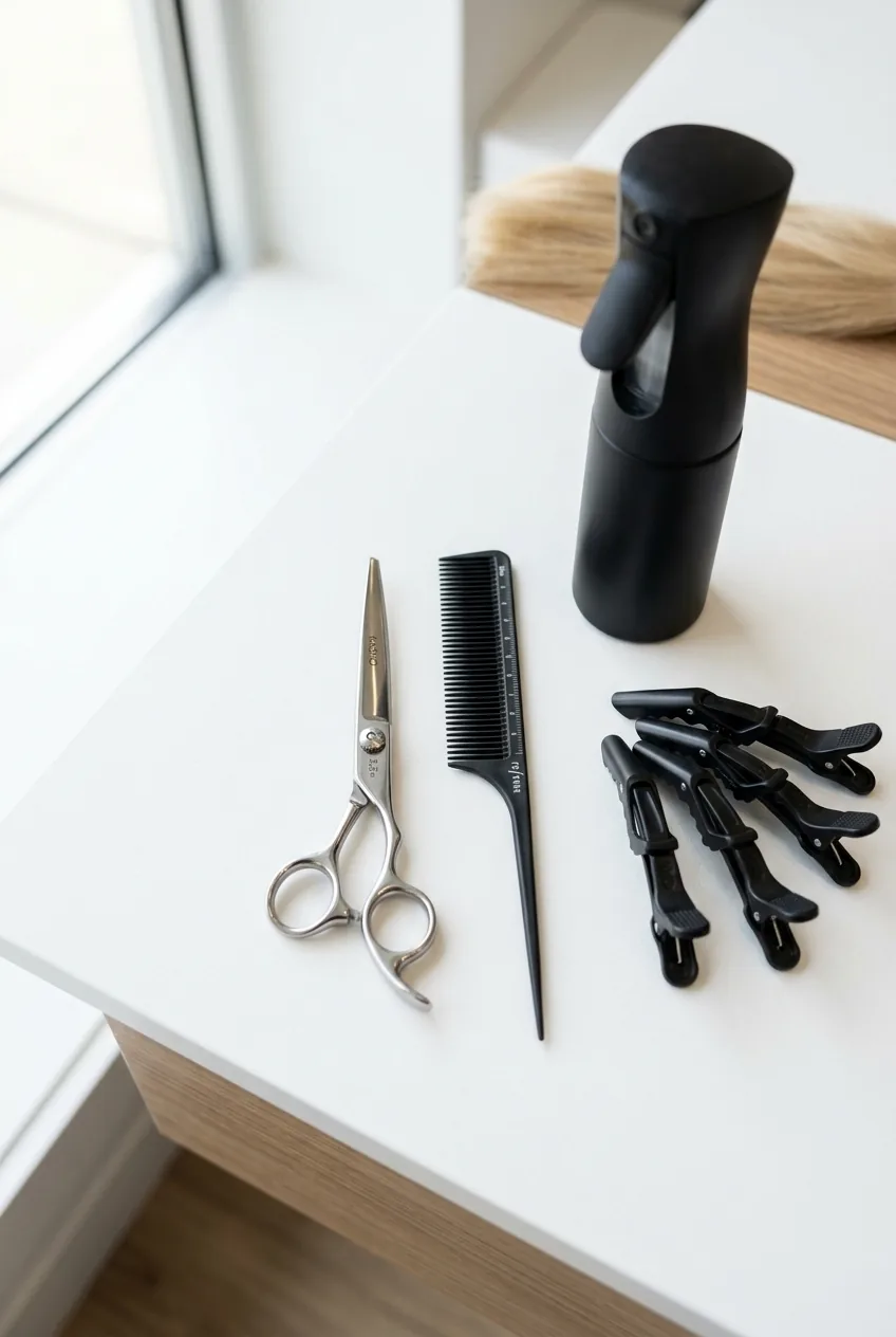 Professional hair cutting scissors and comb arranged on white surface with sectioning clips