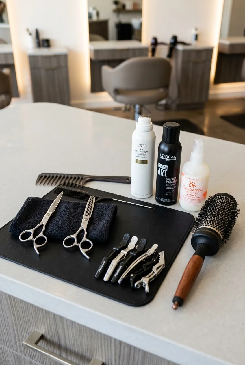 Professional hairdressing tools including scissors, combs, clips and styling products arranged on salon counter