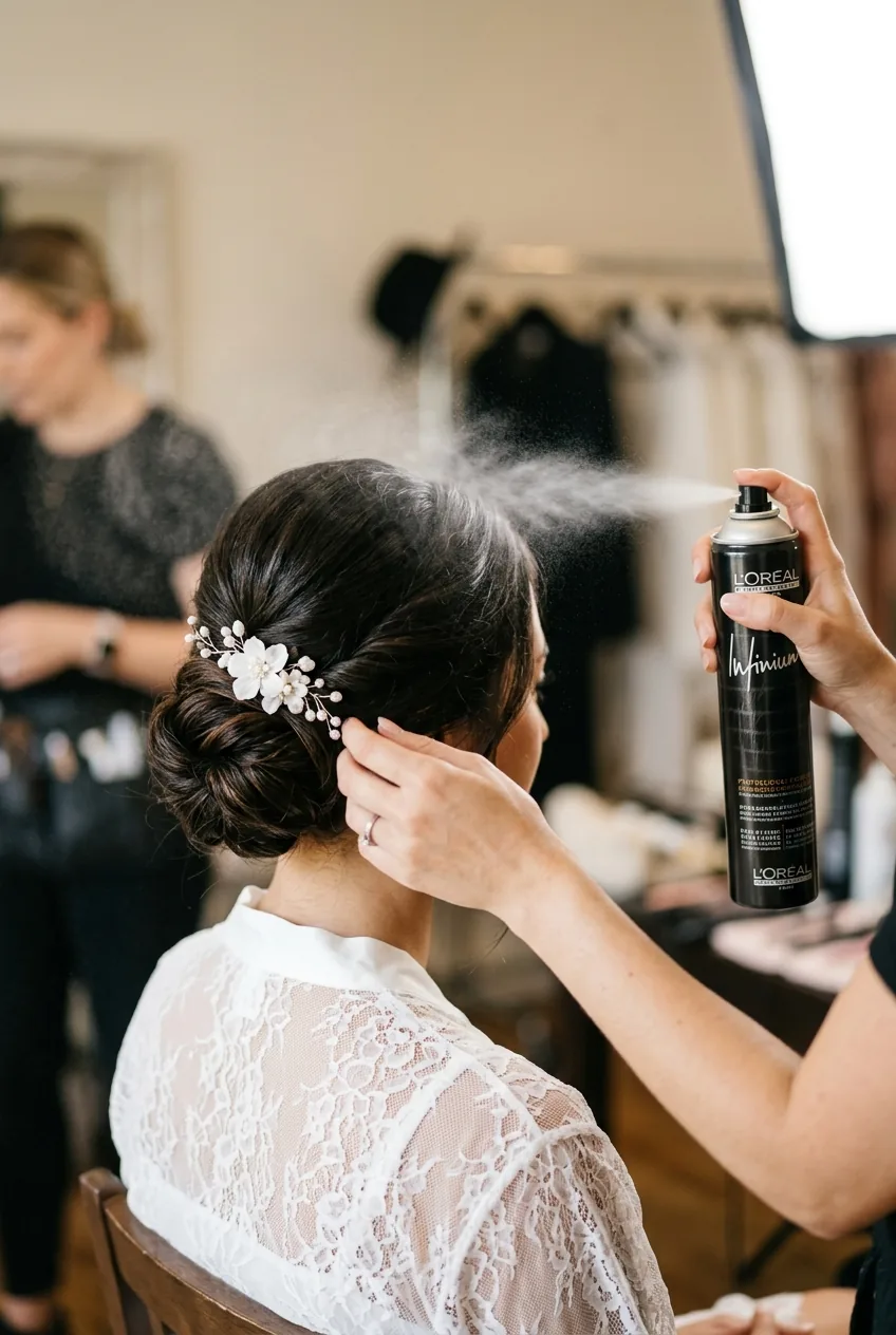 Hairspray being applied to completed bridal bun with mist visible in studio lighting