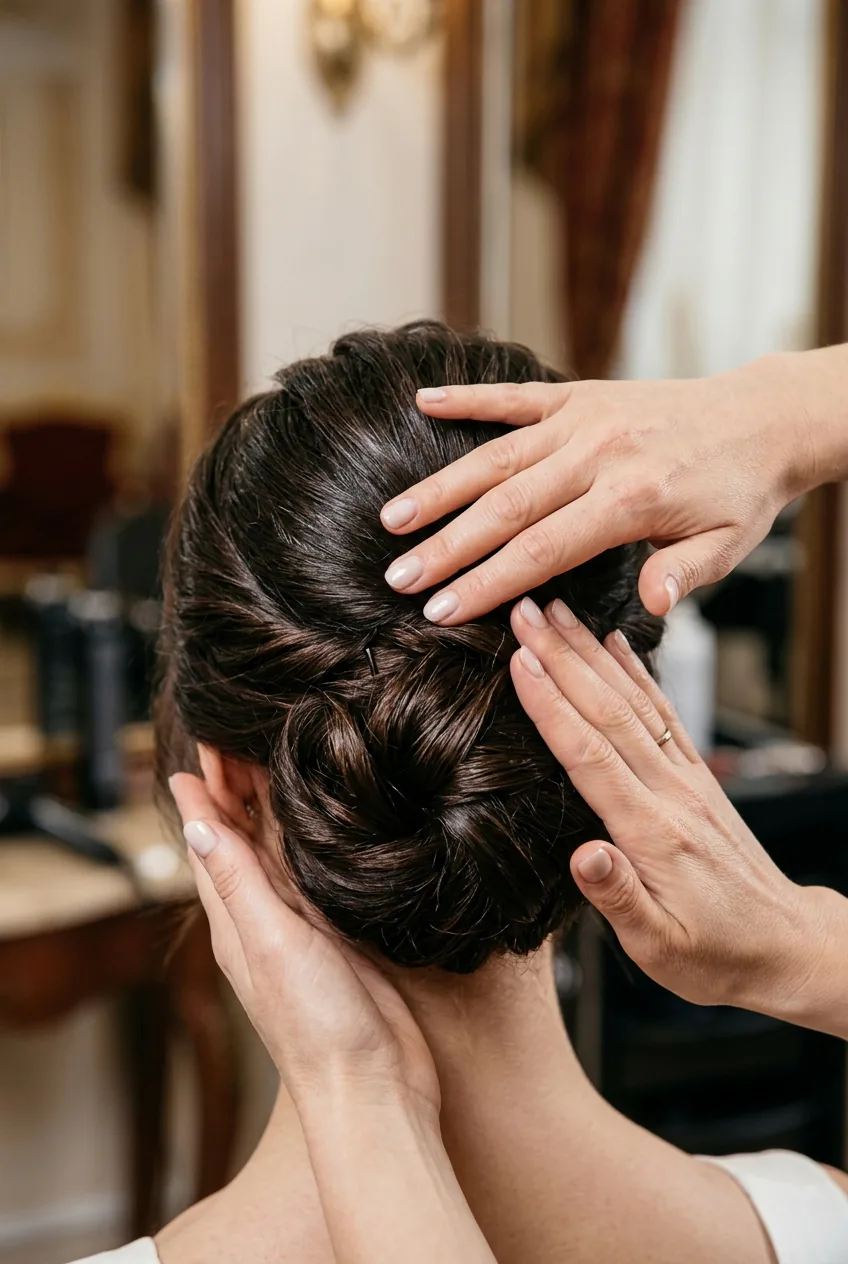 Hands smoothing hairspray over finished updo demonstrating professional finishing technique with studio lighting