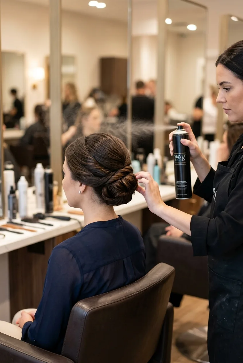 Hairspray being misted over finished formal updo from proper distance for setting