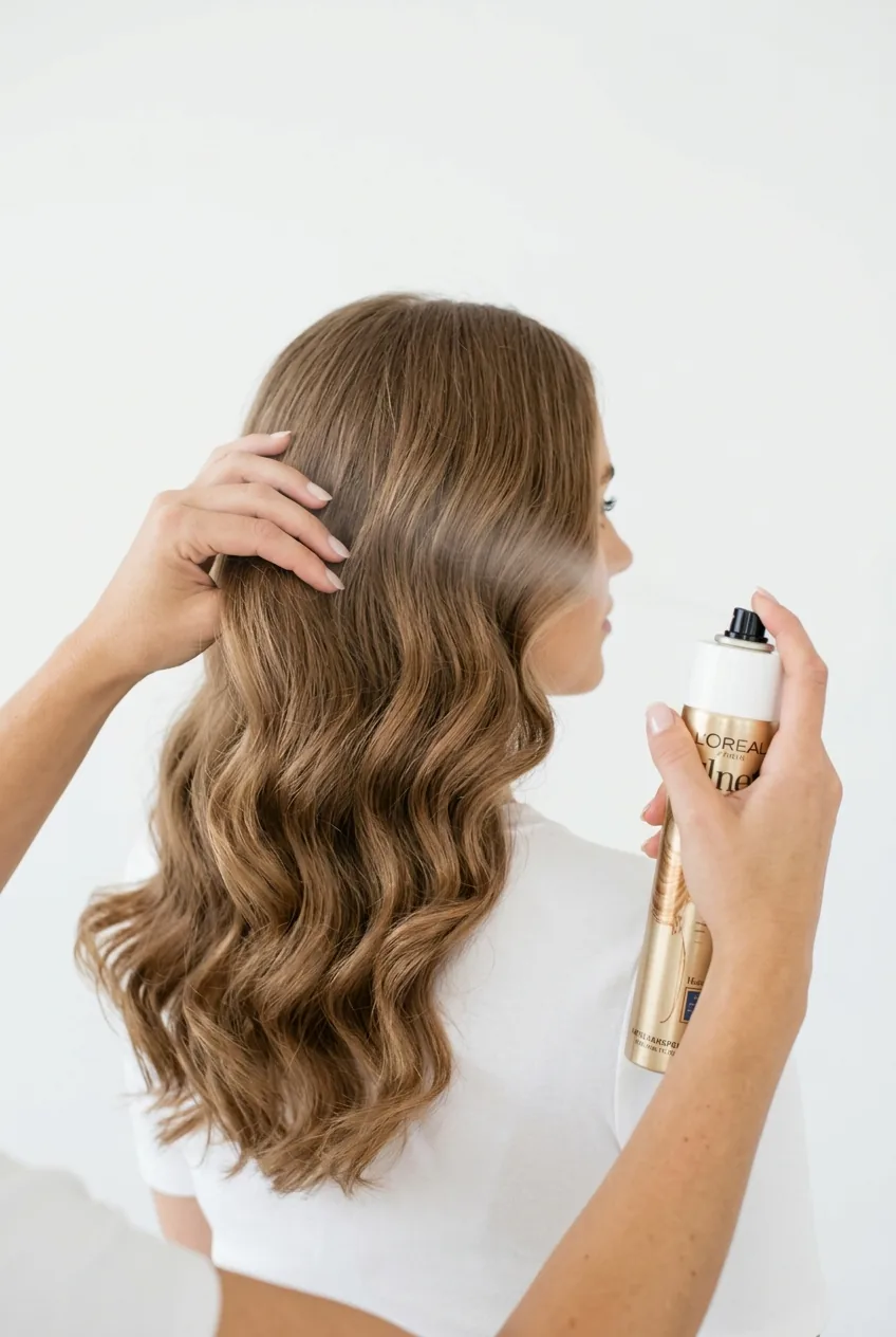Hairspray bottle held at proper distance from finished long hairstyle