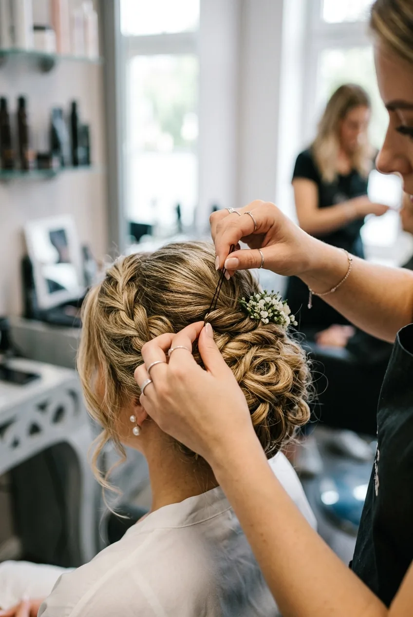 Professional hairstylist's hands precisely placing bobby pins into a bridal updo construction
