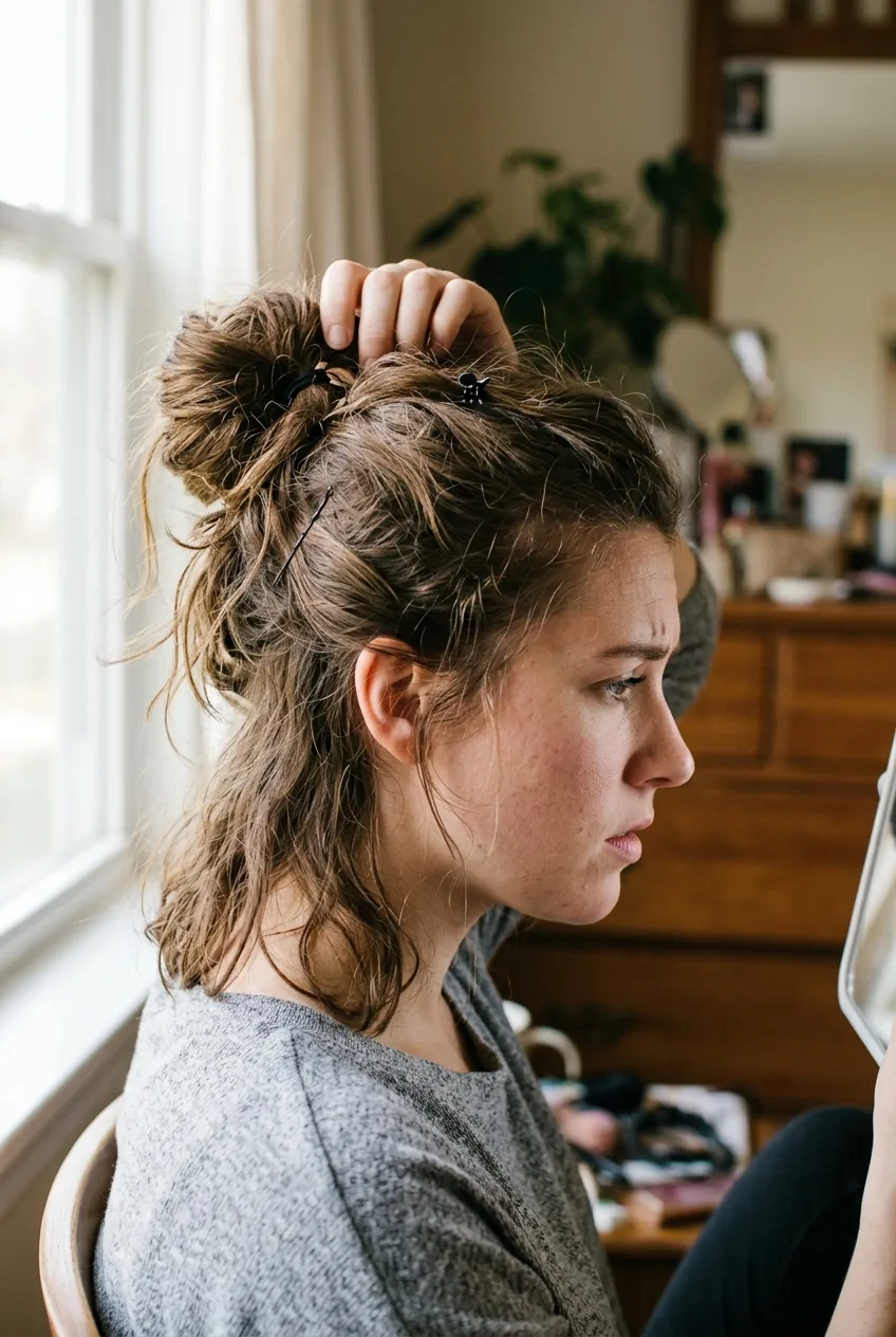 Side profile of woman with half-finished updo showing loose pieces and flyaway hairs during styling
