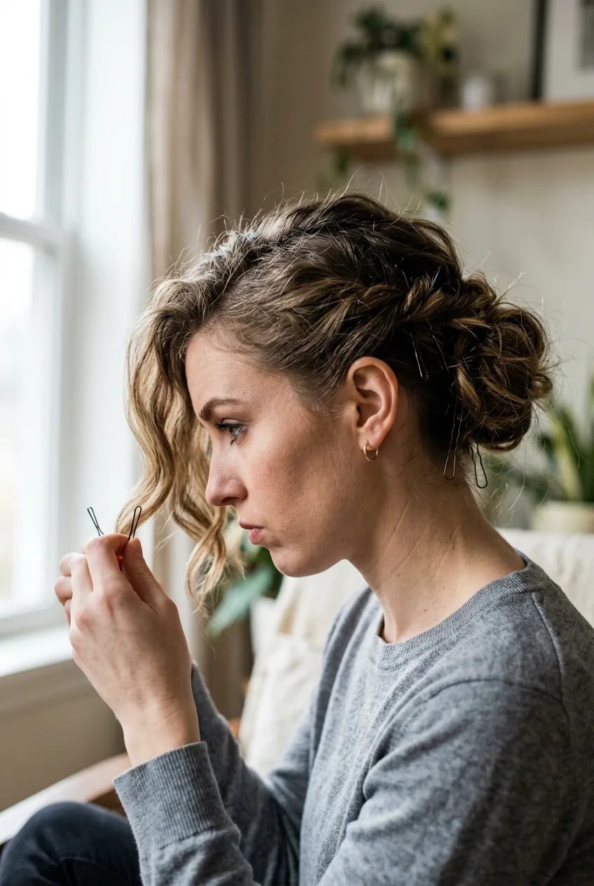 Side profile of woman with partially completed twisted updo showing loose bobby pins and styling process