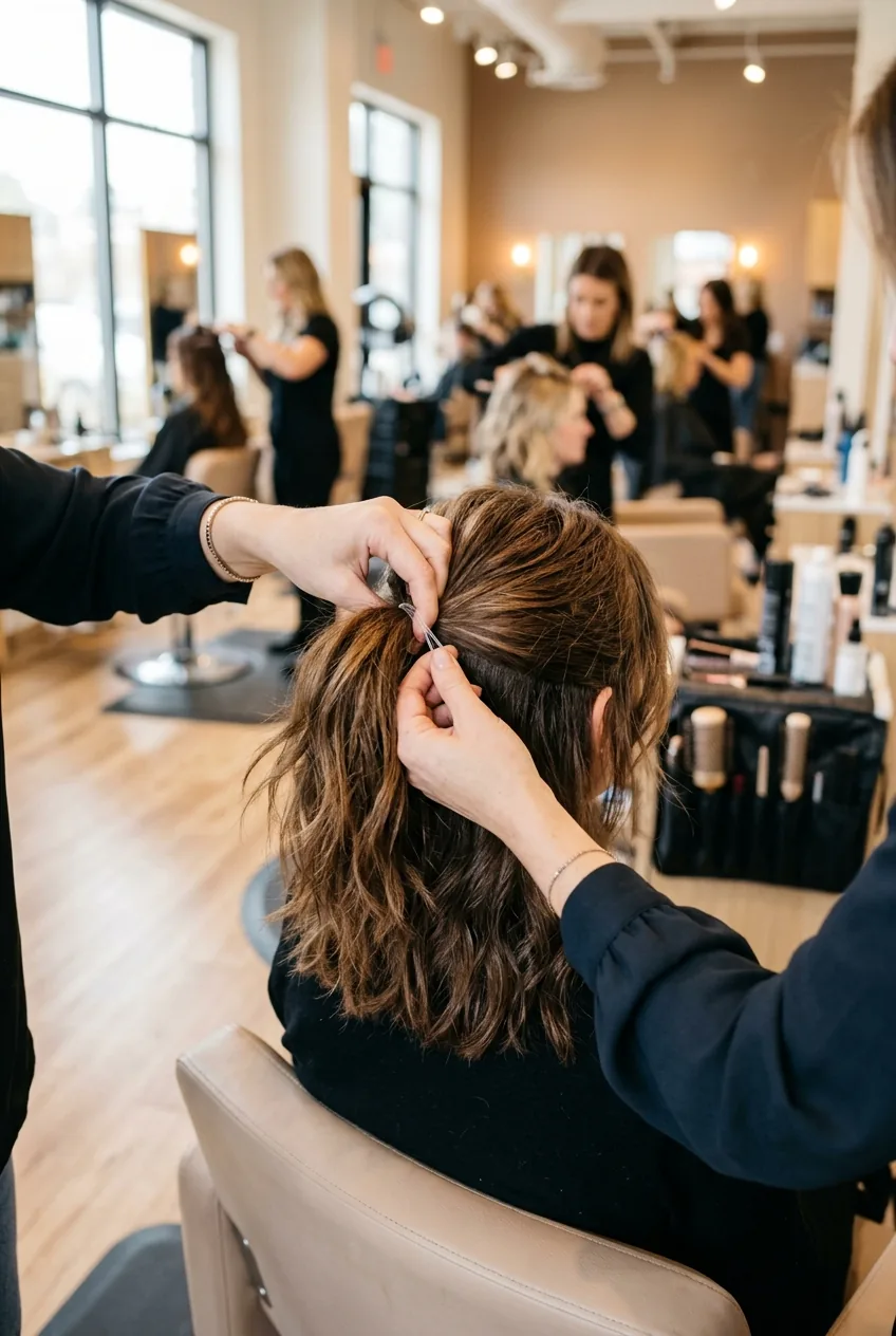 Hair being loosely gathered at crown level with clear elastic for half-up base creation