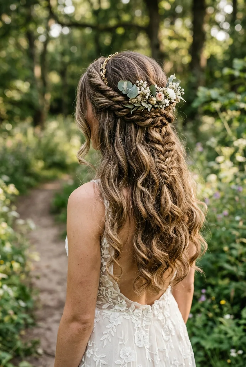 Half-up boho twist showing temple sections pulled back with long thick hair flowing down
