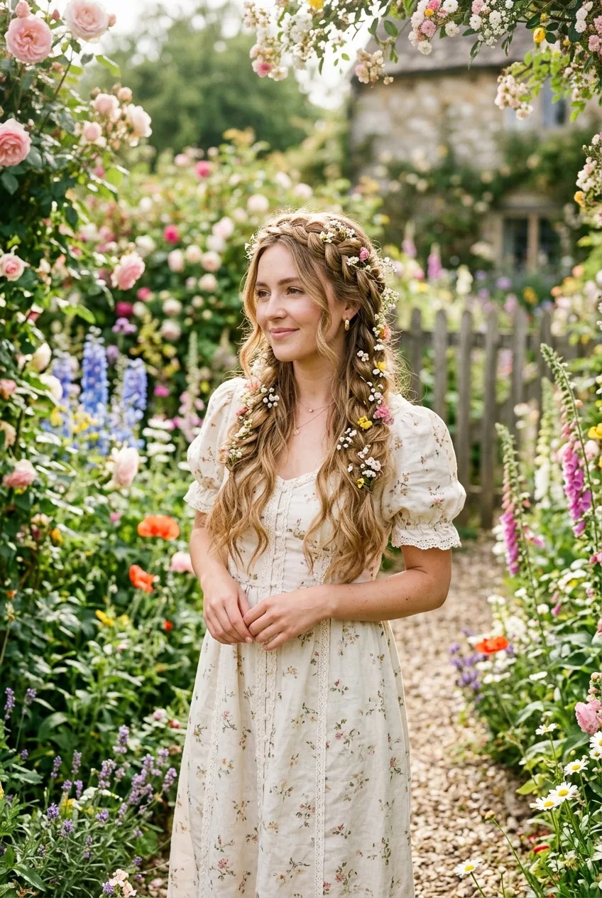 Woman showing half-up braided crown hairstyle with flowers woven into hair in natural garden light