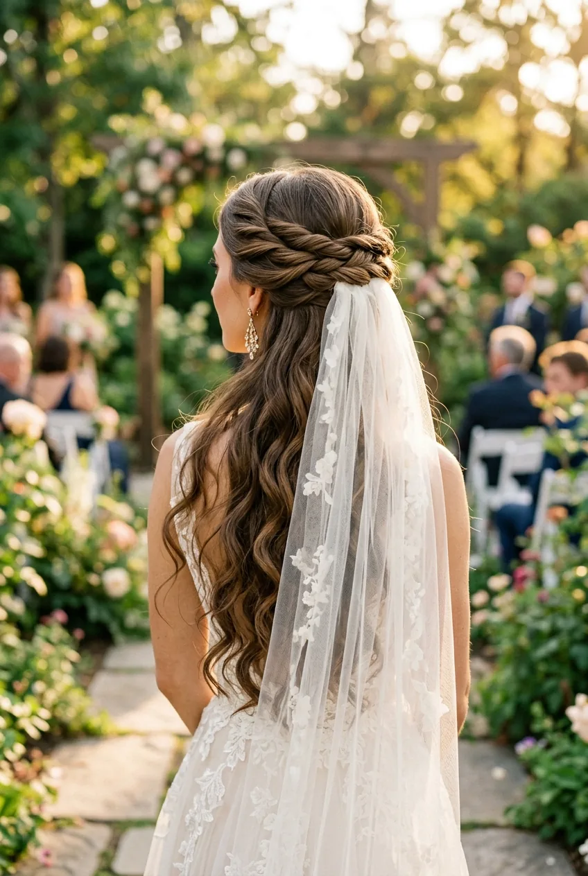 Three-quarter back view of half-up hairstyle with chapel veil woven through twisted crown section