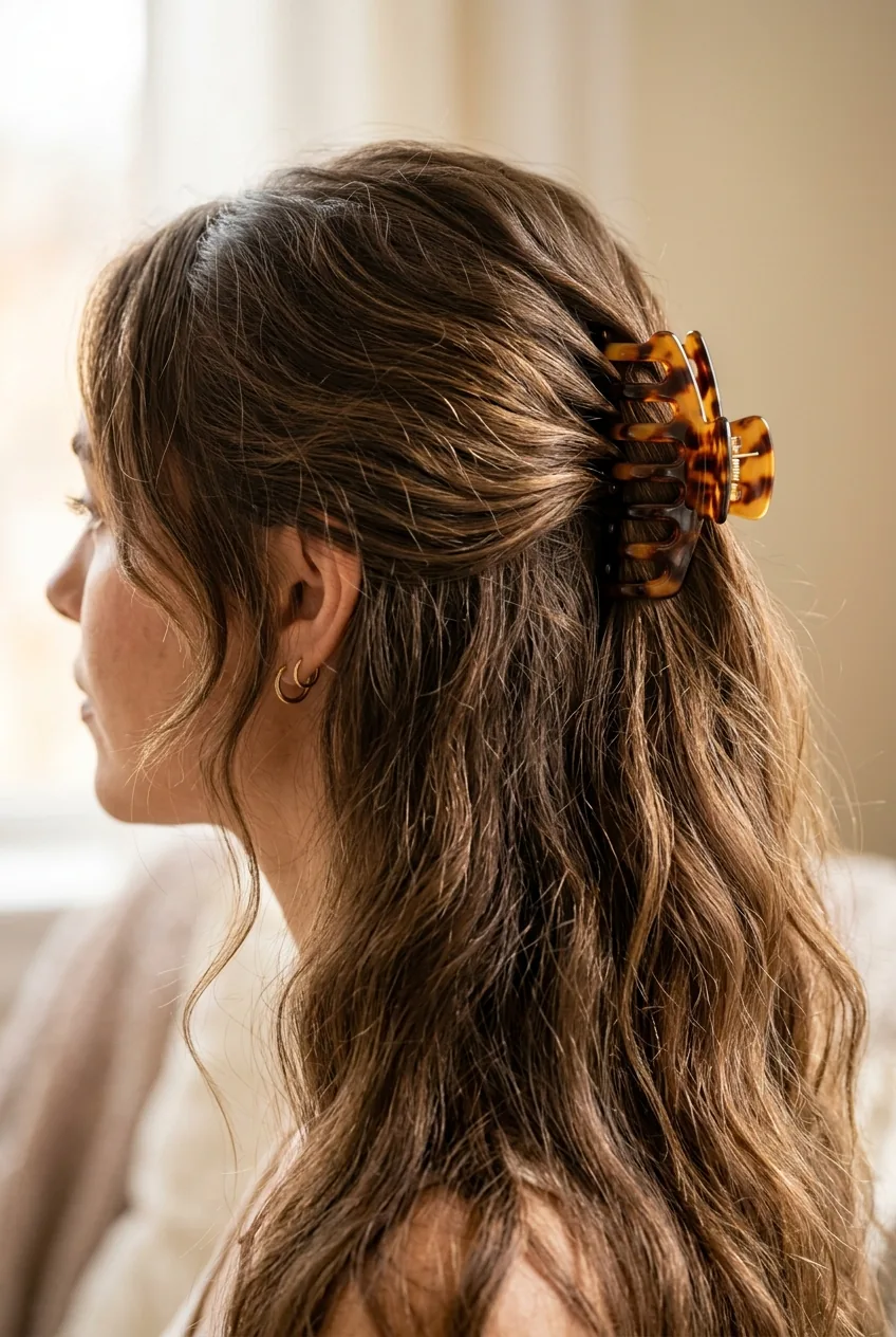Half-up hairstyle with claw clip on thick hair showing controlled texture and face-framing elements