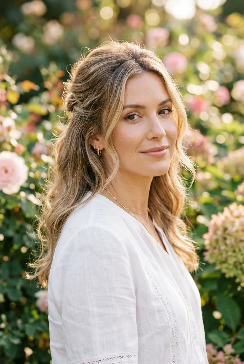 Woman with half-up hairstyle showing gentle backcombed volume and loose romantic texture