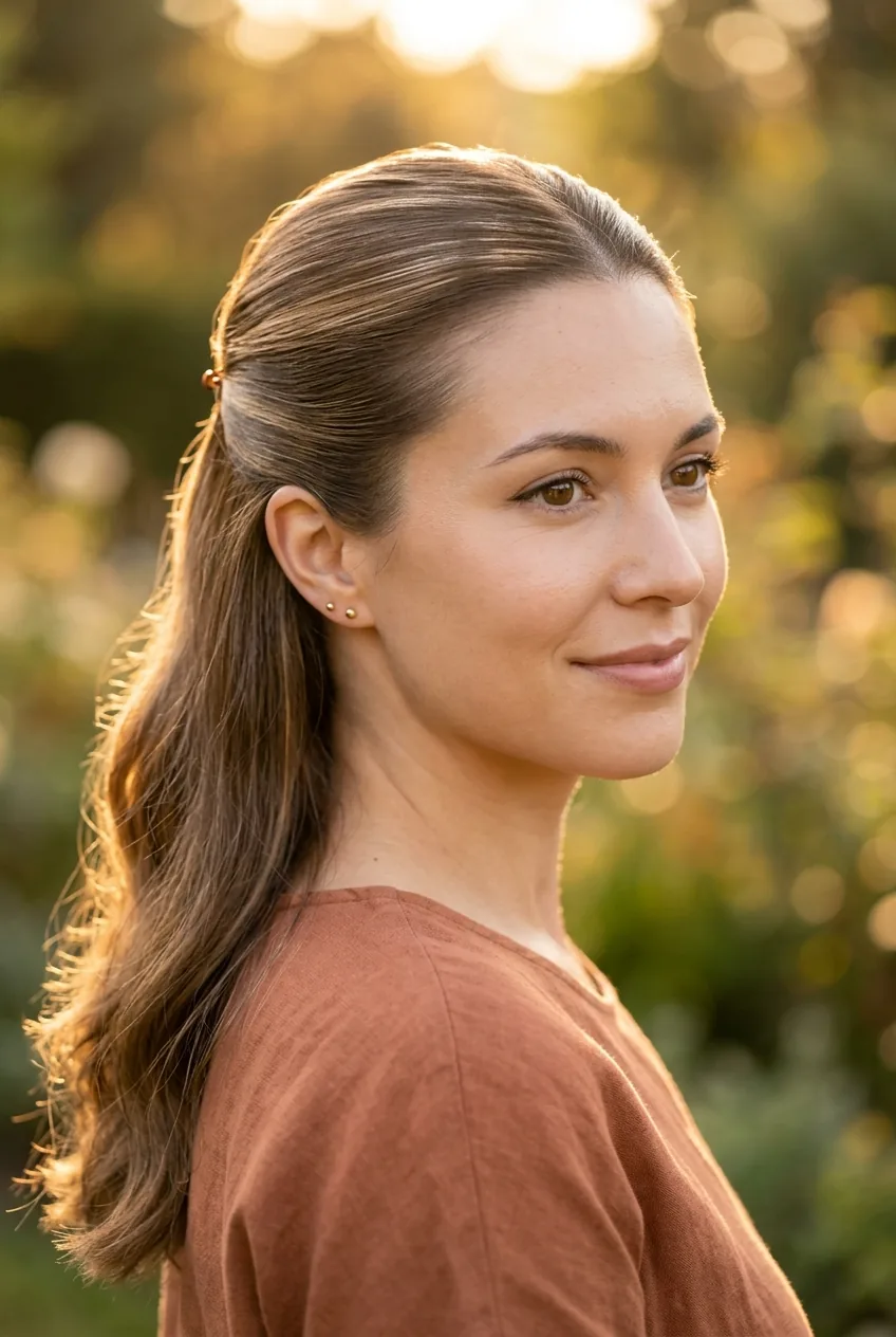 Woman with half-up hairstyle showing ultra-sleek top section and textured bottom