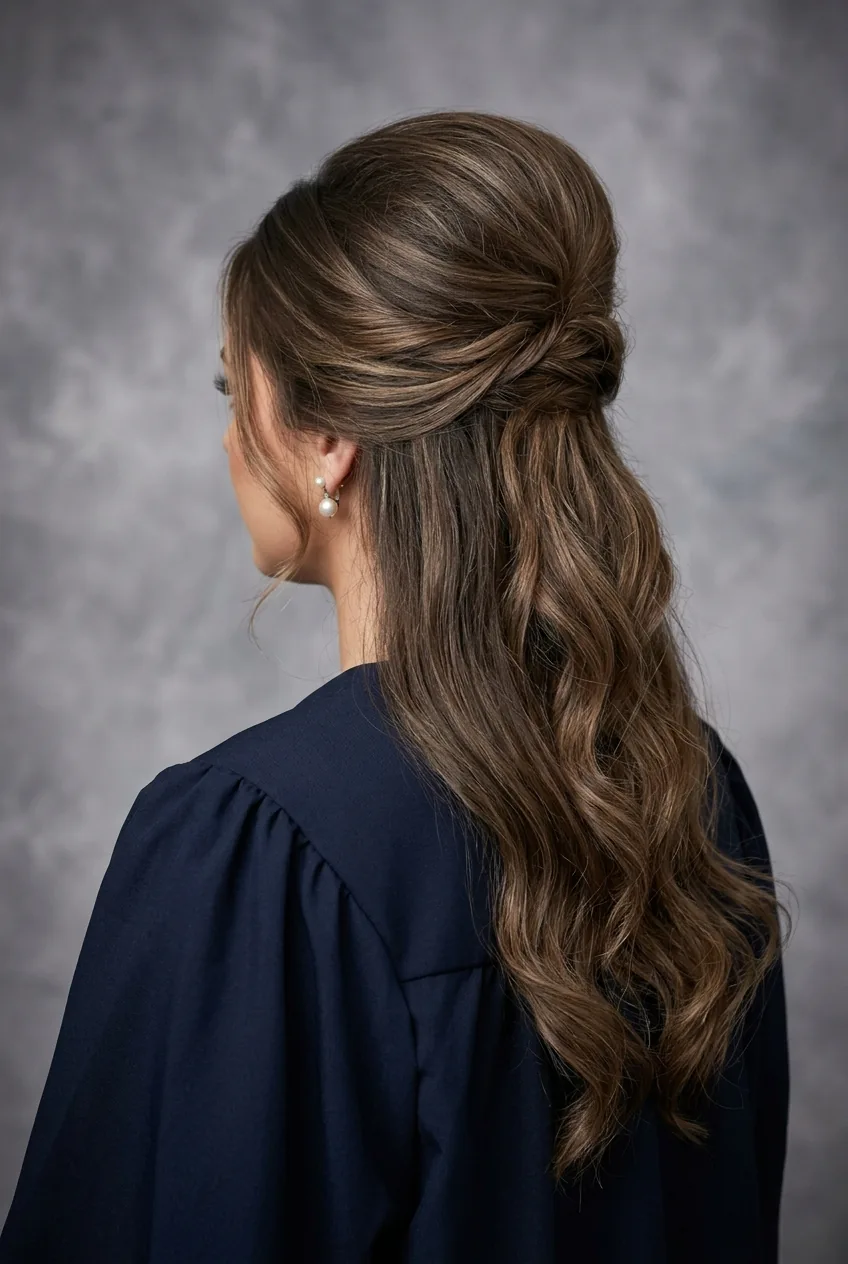 Half-up graduation hairstyle showing crown volume and height above potential cap placement