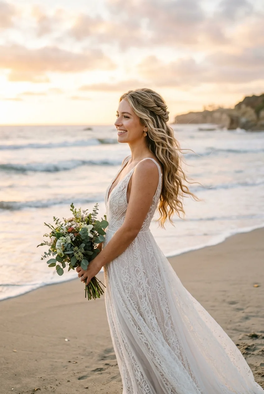 Beach bride showing half-up hairstyle with natural texture and flowing back section