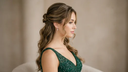 Young woman with half up prom hairstyle featuring pulled back sections and loose face-framing pieces