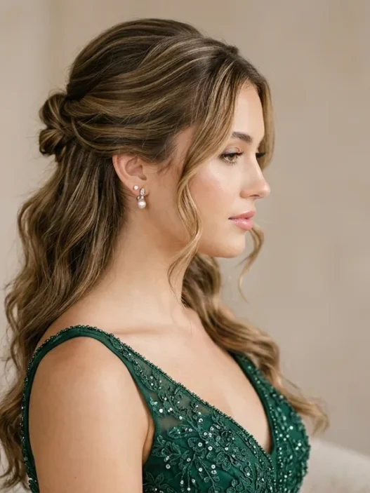 Young woman with half up prom hairstyle featuring pulled back sections and loose face-framing pieces