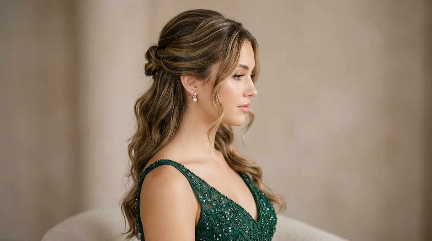 Young woman with half up prom hairstyle featuring pulled back sections and loose face-framing pieces