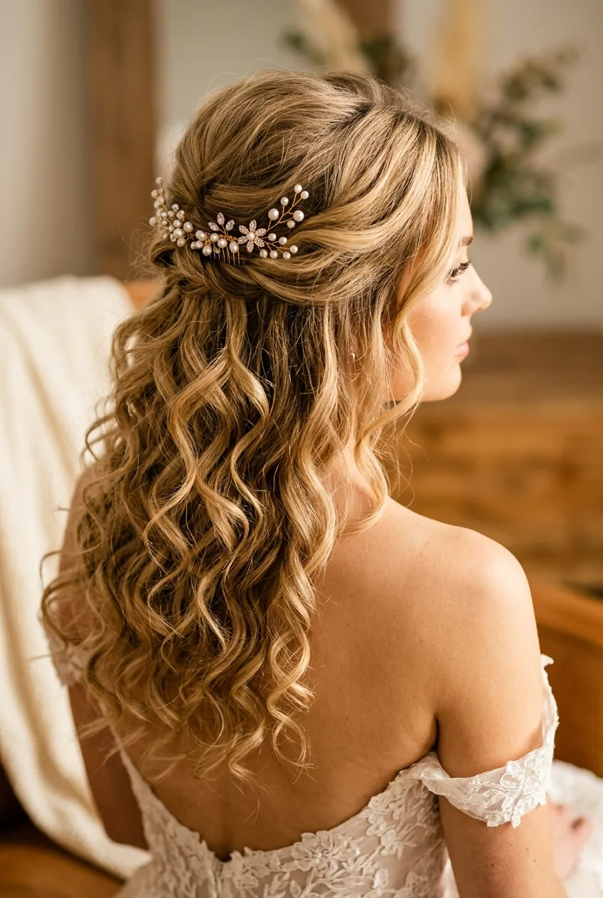 Half-up half-down hairstyle with romantic curls and soft volume at crown