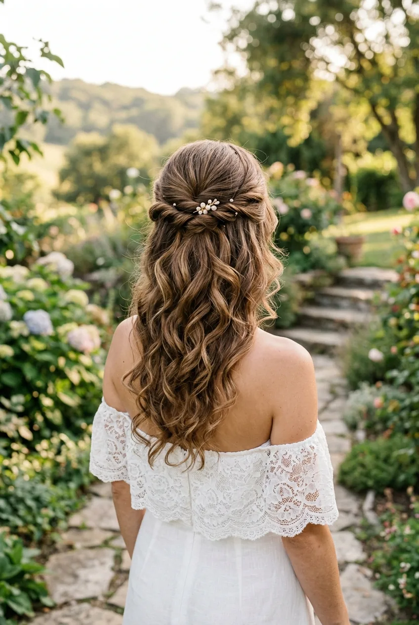 Back view of half-up twist style with loose curls cascading over shoulders
