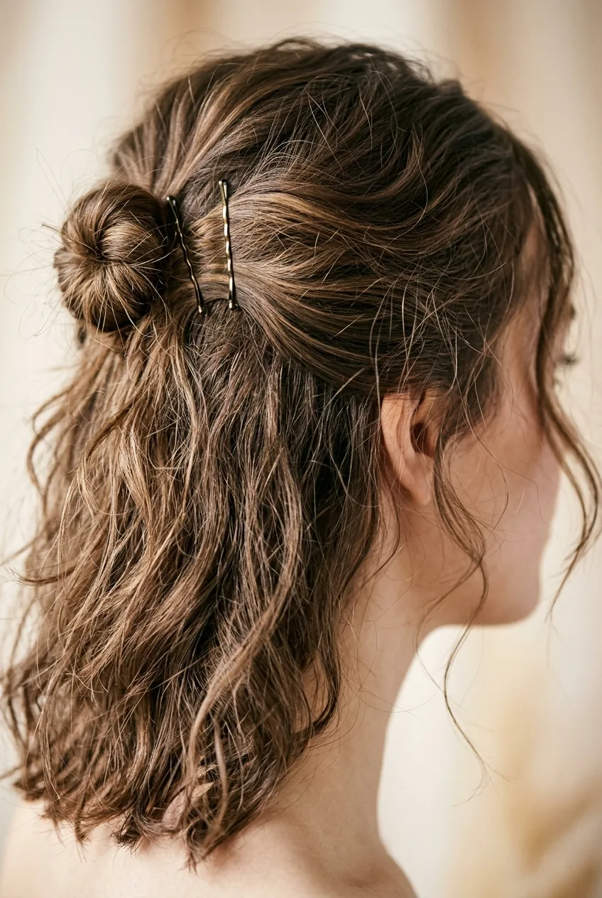 Medium hair in half-up style with bobby pins visible and loose pieces escaping