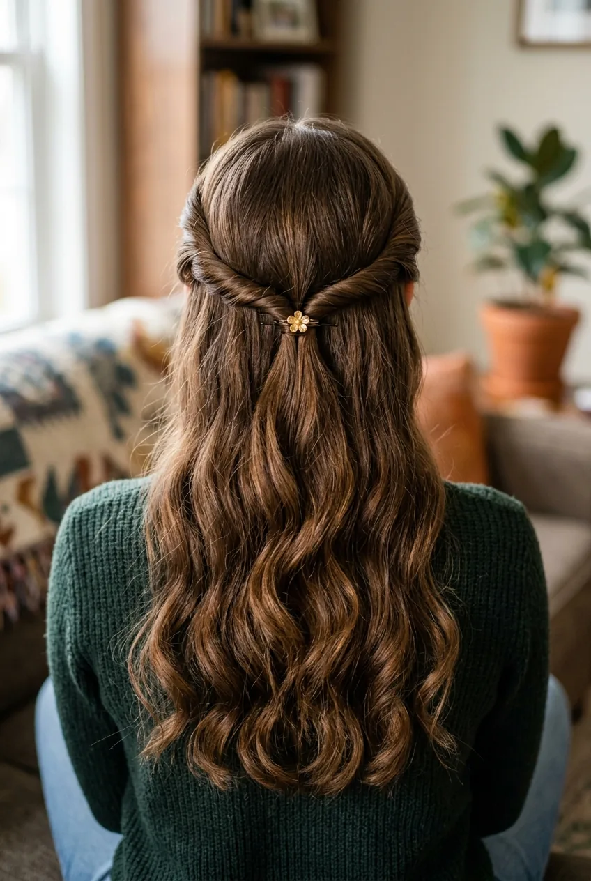 Half-up hairstyle with two symmetrical twists meeting at crown with flowing hair beneath