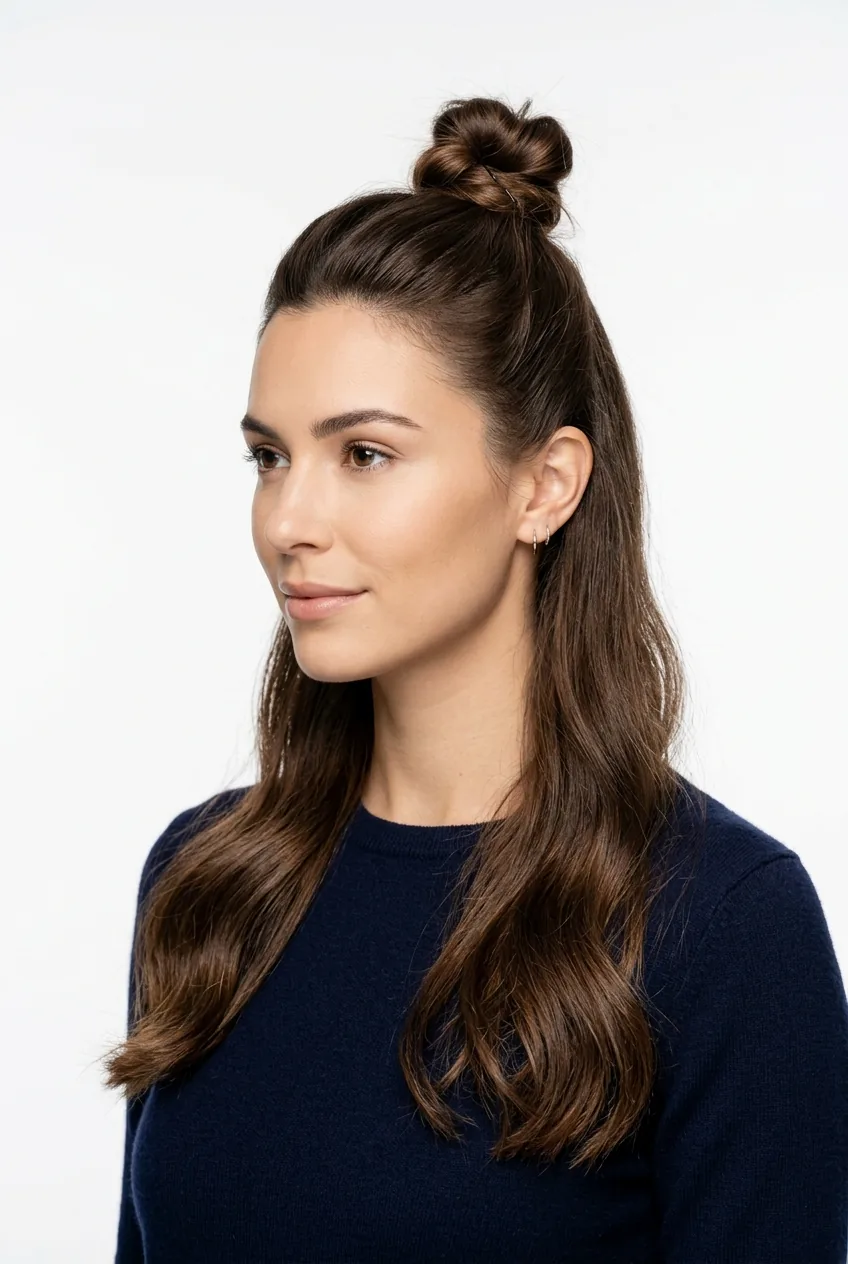 Woman with half-up top knot style showing small bun and loose flowing lengths