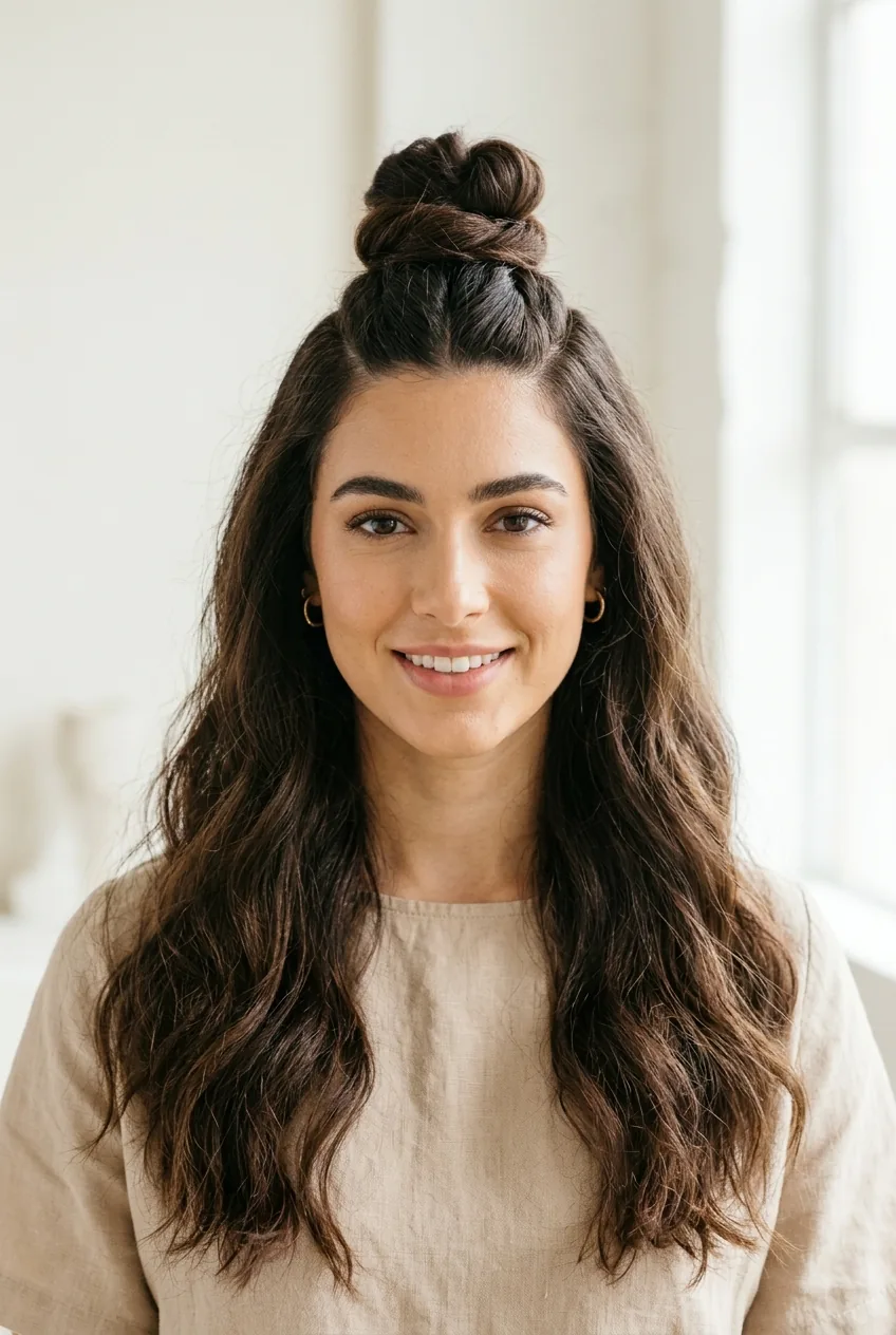 Front view of half-up top knot with sectioned hair and flowing lengths below