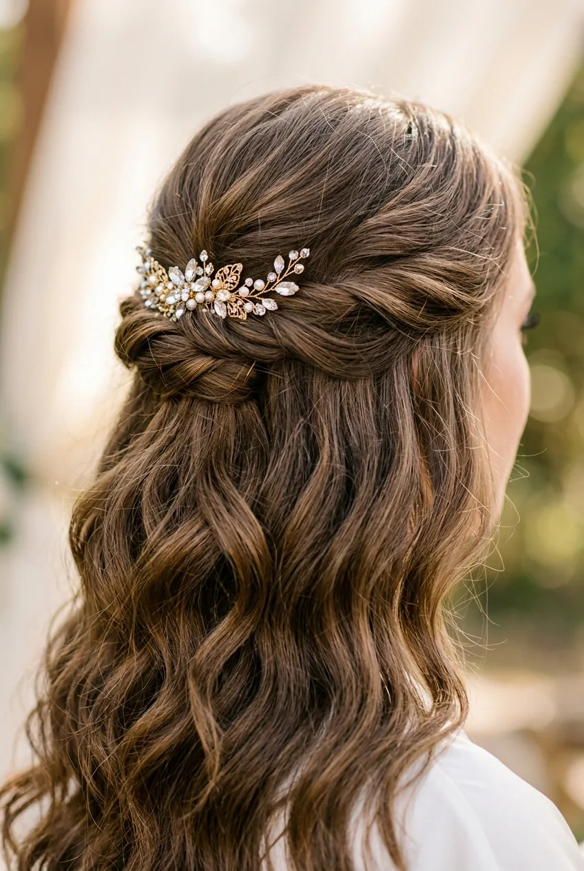 Detail shot of half-up wedding style showing transition between loose waves and gathered section