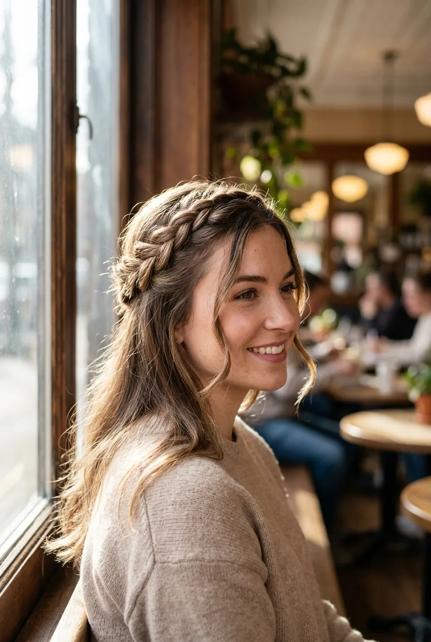 Woman with half-up twisted crown hairstyle showing twisted sections at temples