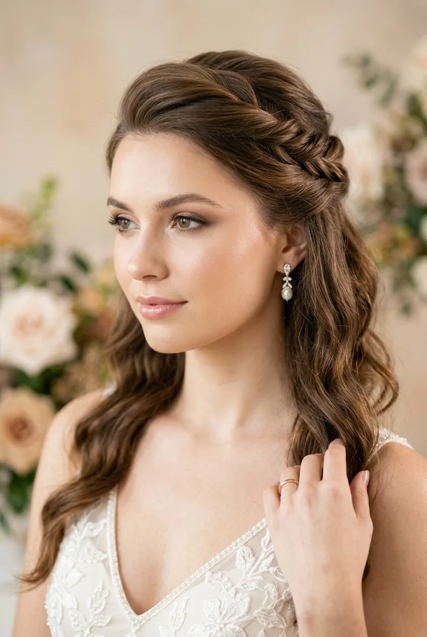 Woman with half-up twisted bridal hairstyle showing crown height and flowing hair