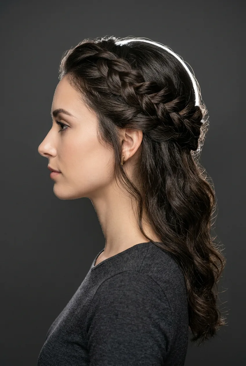 Woman with half-up twisted crown style showing twisted sections secured at crown area