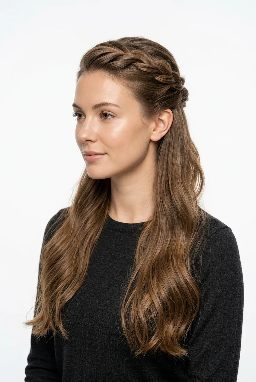 Woman with half-up twisted crown hairstyle showing braided details and loose flowing hair