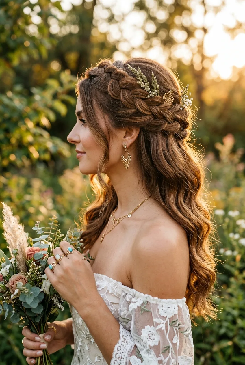 Half-up twisted crown with flowing hair showing bohemian wedding styling