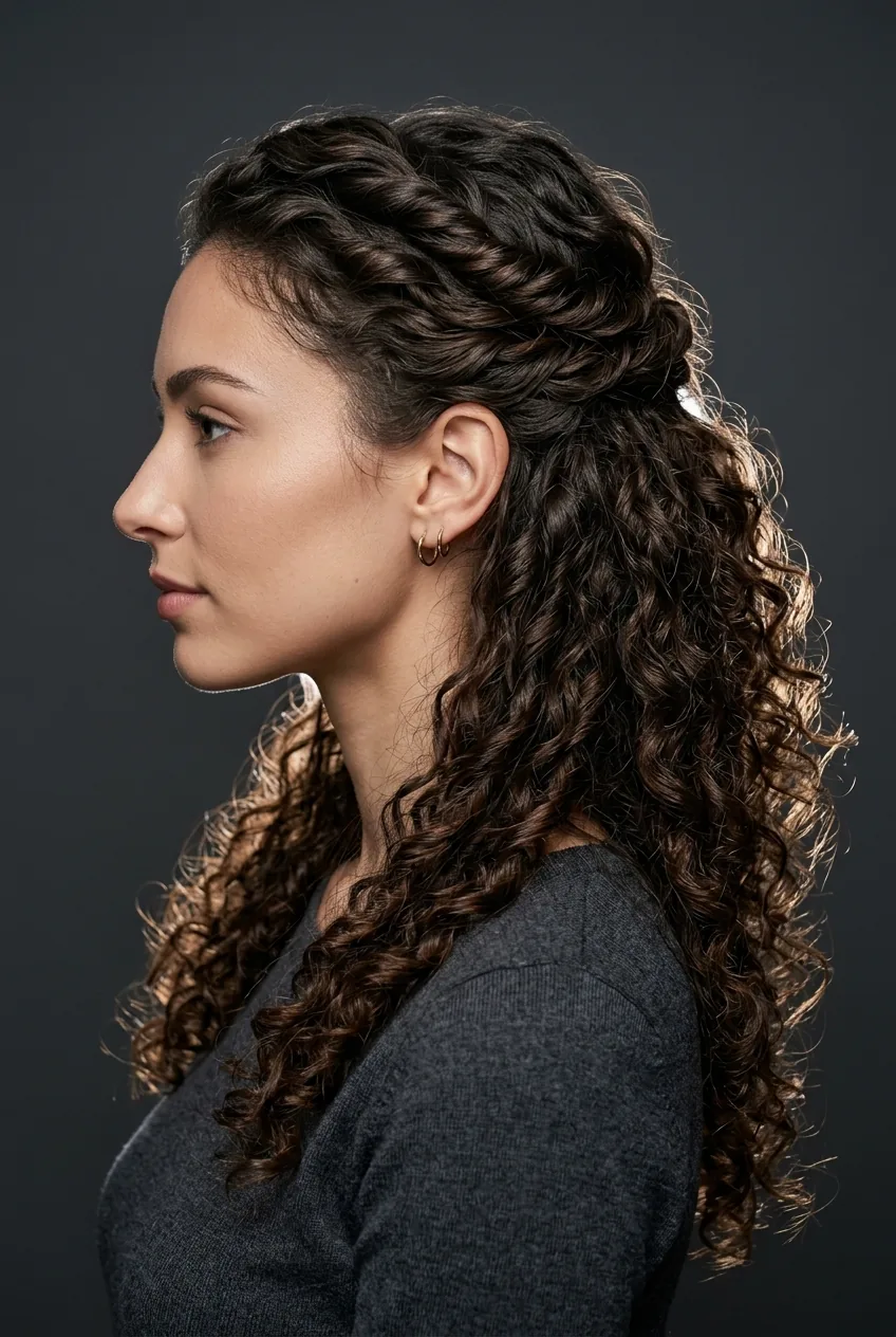 Woman with half-up curly style featuring twisted temple sections and flowing curls