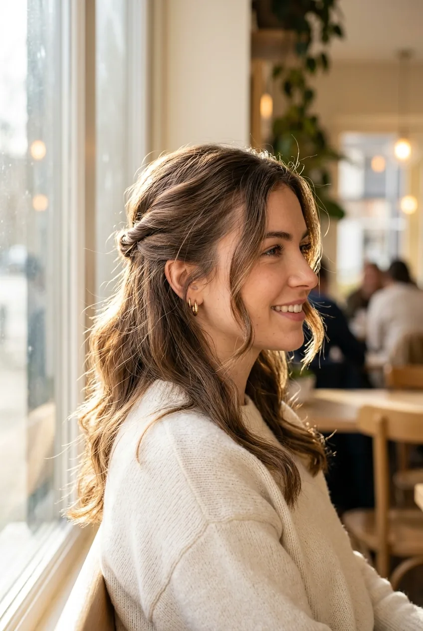Woman with half-up twisted hairstyle featuring loose romantic tendrils framing face