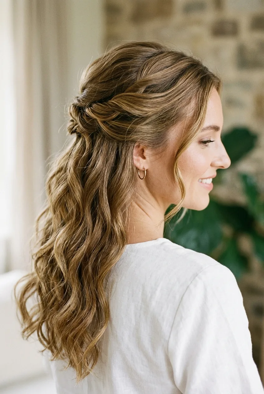 Half-up hairstyle with twisted sections and loose romantic waves flowing down