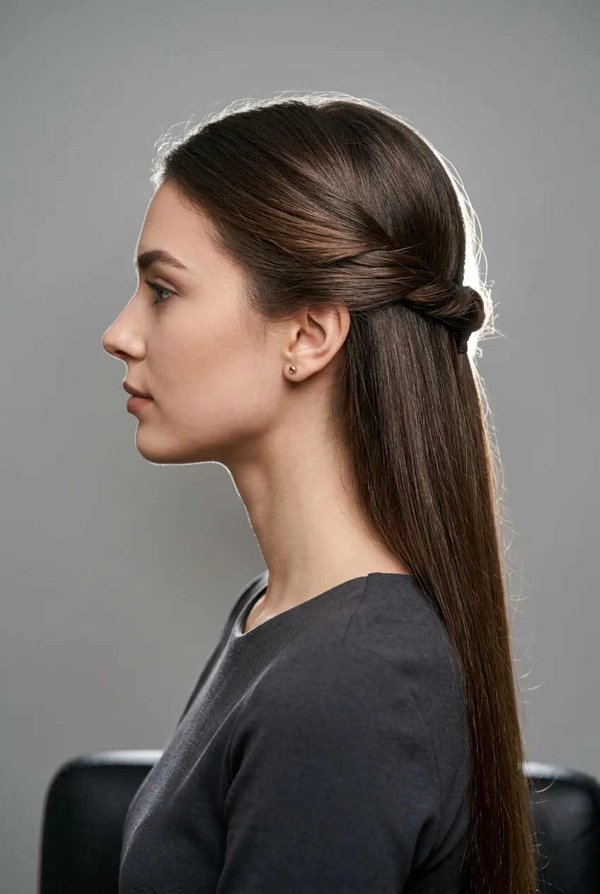 Woman with straight hair styled in half-up twist secured at crown area