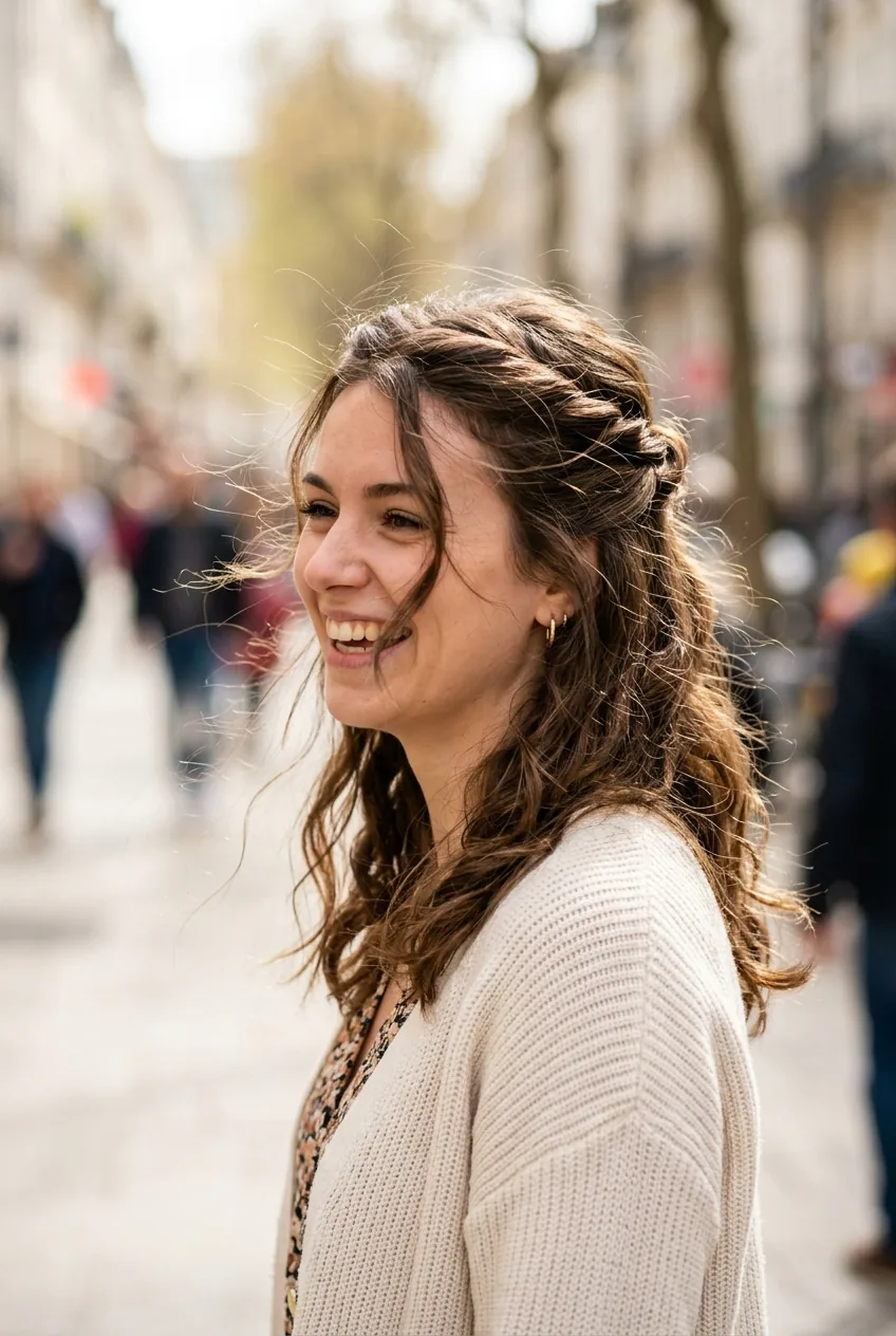 Young woman with half-up twisted hairstyle featuring face-framing pieces and volume