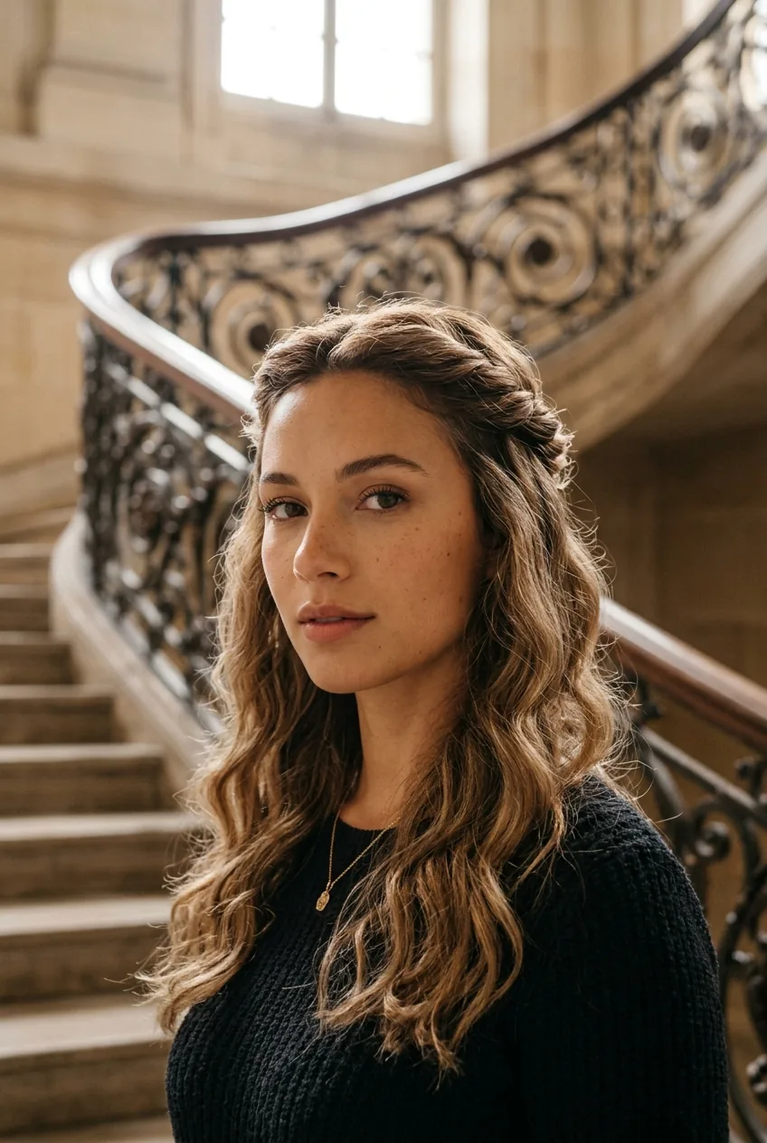 Woman with half-up twisted hairstyle showing front sections pulled back elegantly