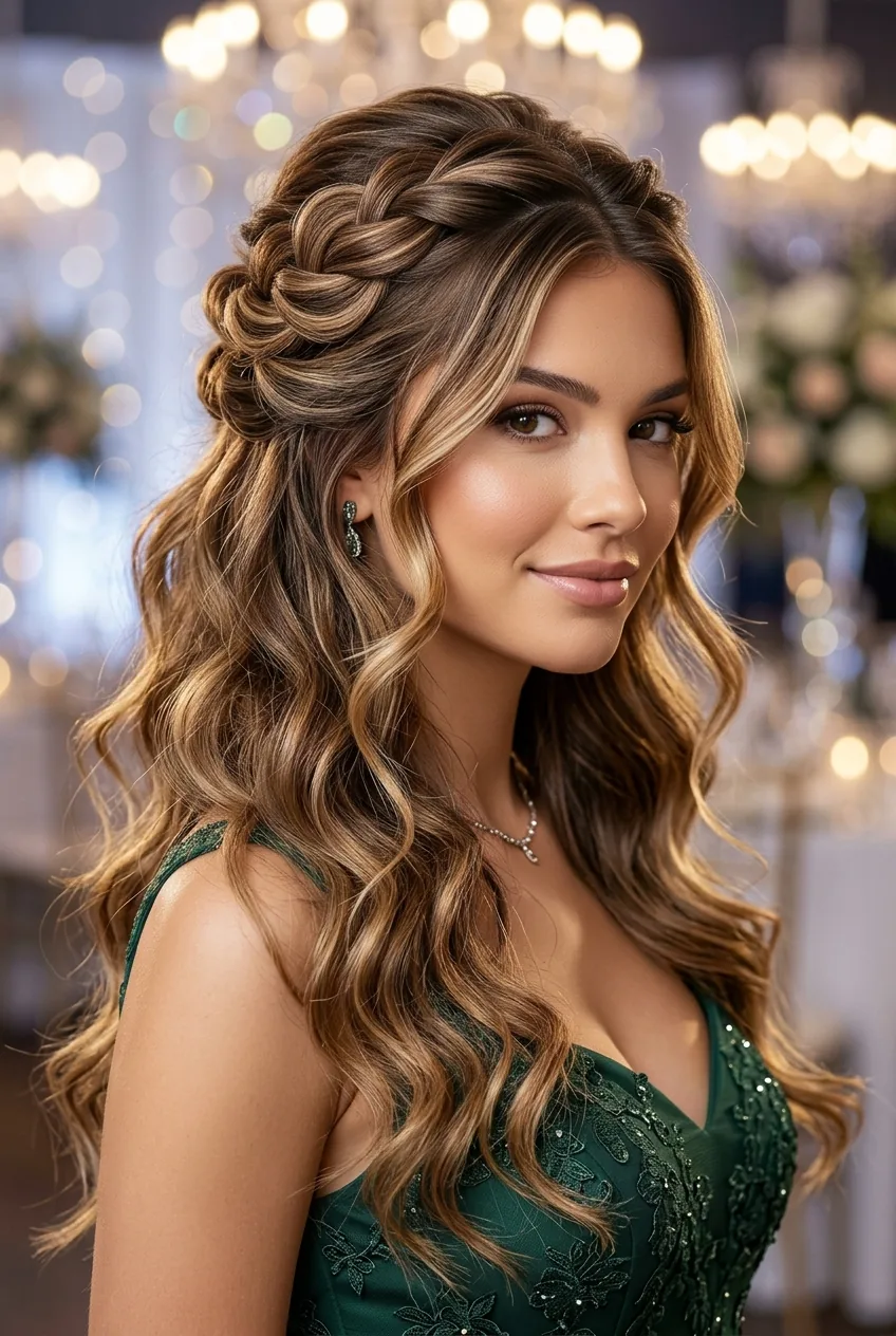Half-up prom hairstyle with twisted top section and loose waves flowing down from front view