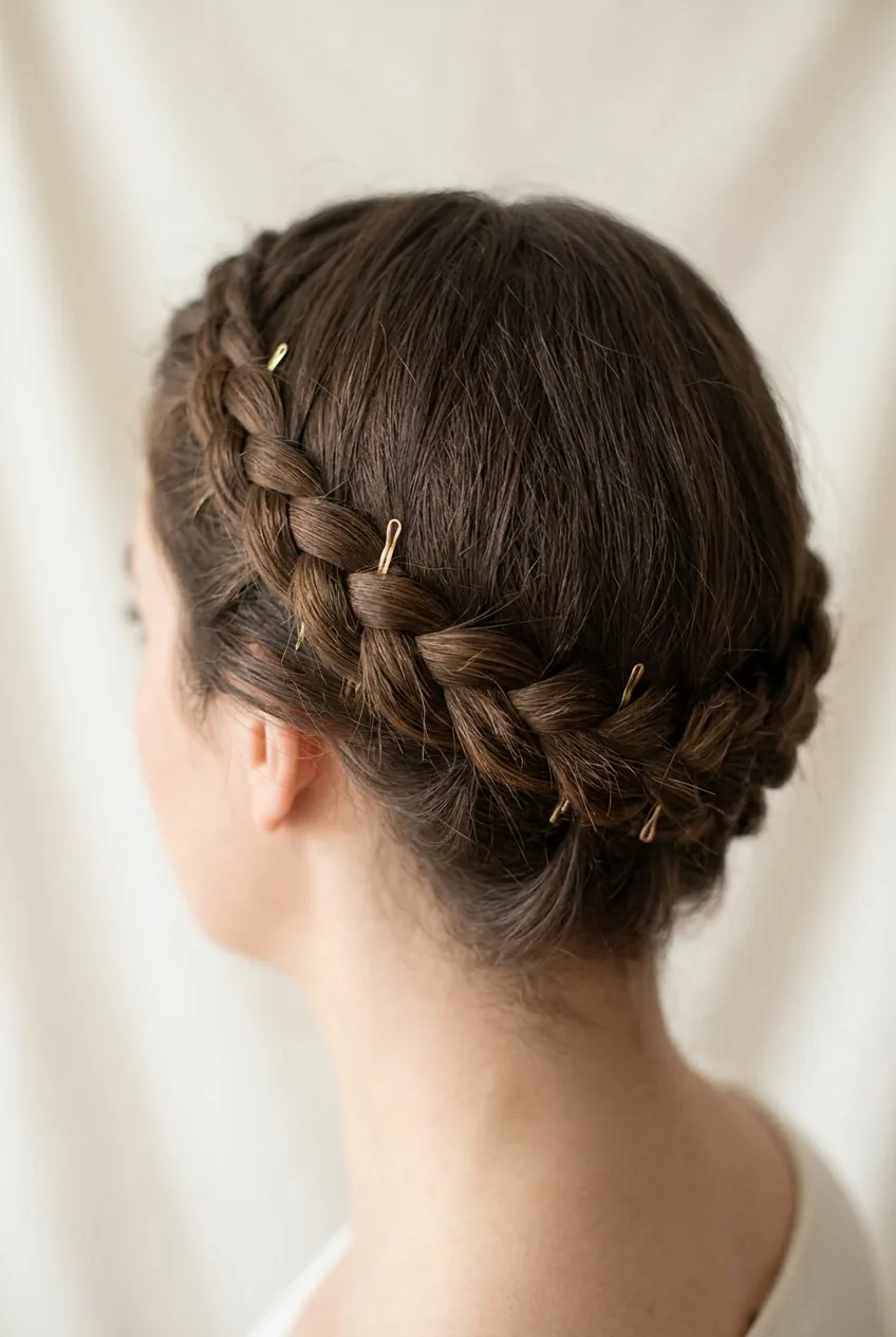 Halo braid circling around shoulder-length relaxed hair in updo style