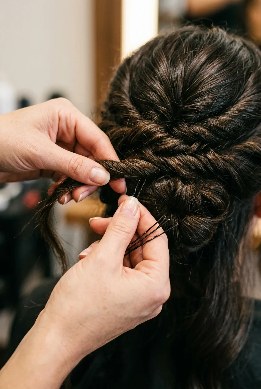 Detailed shot of hands positioning multiple bobby pins while securing sections of a chignon hairstyle