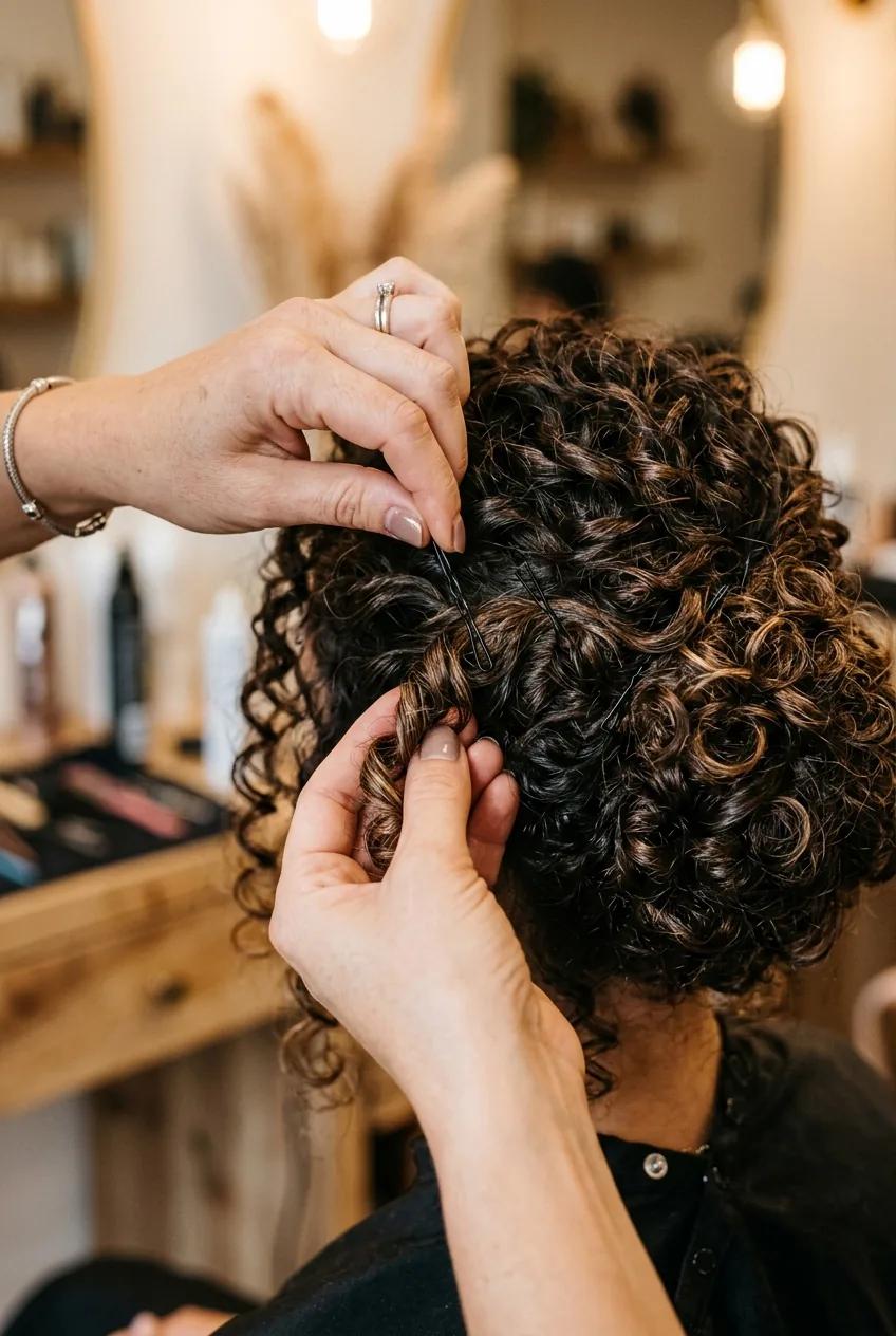 Hands holding bobby pins while securing curly updo showing detailed pinning technique