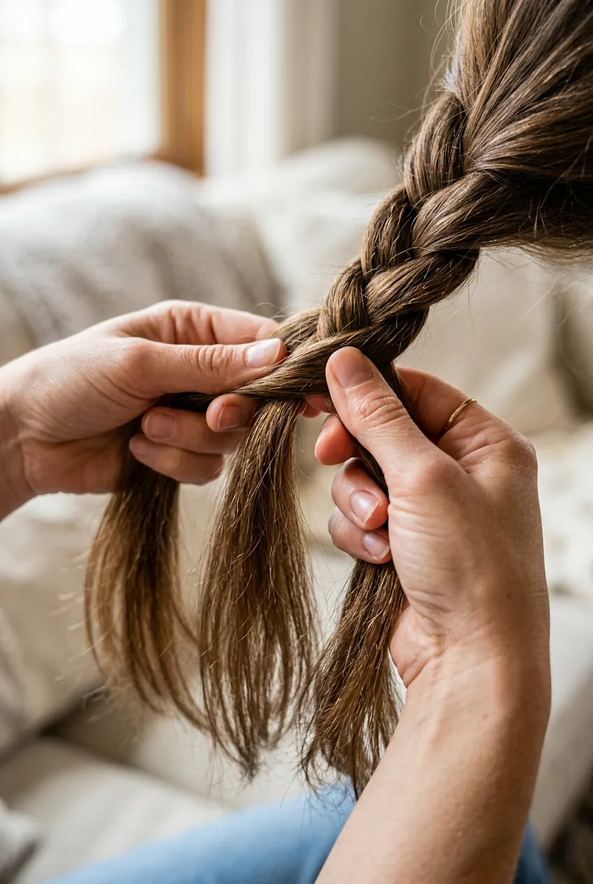 Hands demonstrating proper finger positioning while braiding three sections of brown hair
