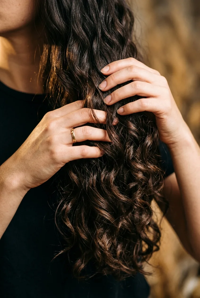 Hands gently scrunching long wavy hair upward demonstrating proper curl formation technique