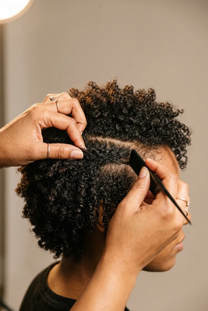 Hands sectioning short curly hair before braiding showing natural curl pattern and texture