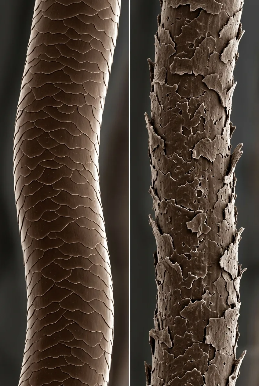 Microscopic comparison of healthy versus damaged wavy hair cuticles from improper cutting